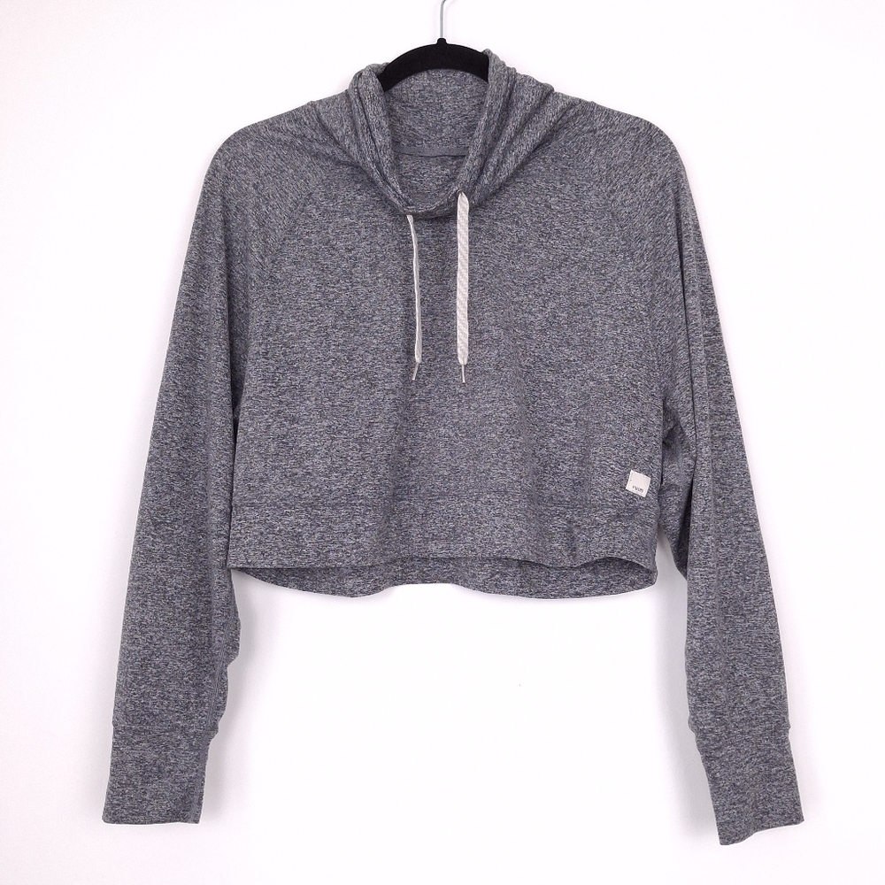 Vuori Halo Crop Funnel Neck sweatshirt Dreamknit stretch wicking heathered gray